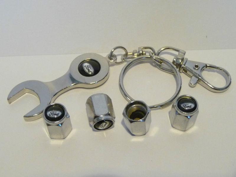 Ford steam air valve tire tyre caps cap set chrome wrench key chain ring f 150