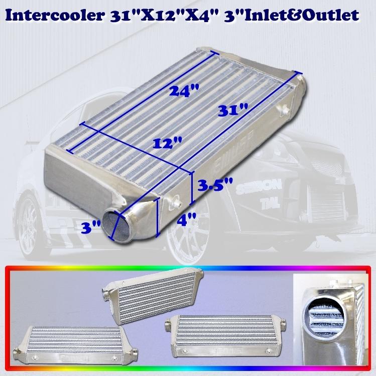 Neon mustang camaro v8 v6 universal turbo intercooler  31x12x4 3" inlet & outlet