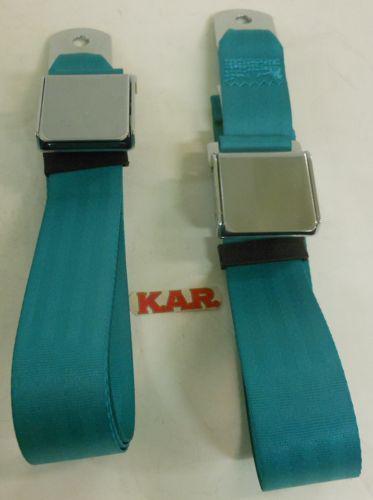 1965 through 1973 classic mustang turquoise seat belts;chrome flip buckle. pair 