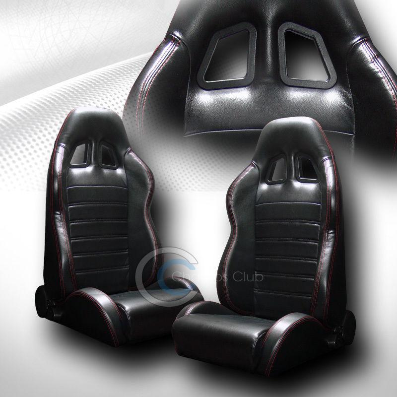 Universal sp blk pvc leather red stitch racing bucket seats+slider pair mercedes