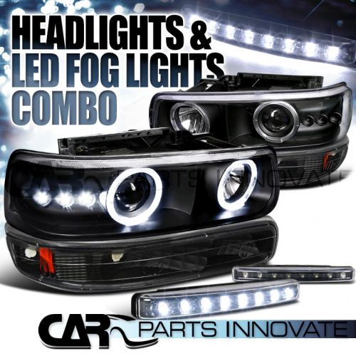 99-02 silverado tahoe black halo projector headlights+bumper lamps+led fog lamp