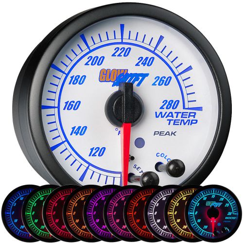 Glowshift 2 1/16&#034; white elite 10 color led water temp gauge meter w. peak recall