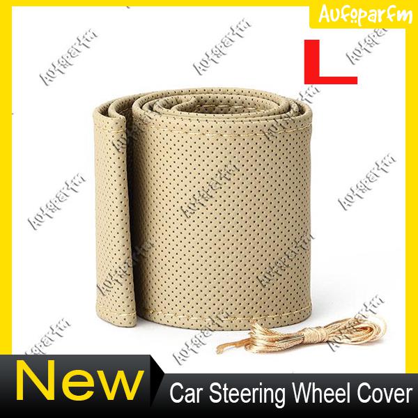 Universal beige leather car steering wheel cover with needles thread size l new