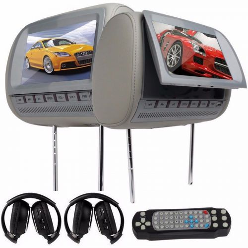 Grey 2x9&#034; hd pillow headrest lcd car monitor usb game dvd player +ir headphones