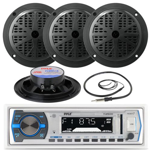 Plmr605b black 400w 6.5&#034; speakers, antenna, pyle white marine usb am fm radio