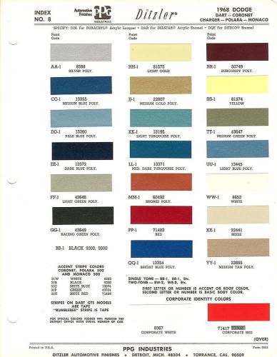 1968 dodge charger r/t coronet r/t dart gt polara monaco paint chips sheet (ppg)