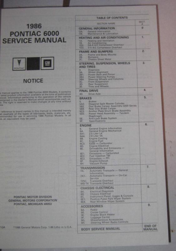 1986 pontiac 6000 service manual oem gm factory book repair nice clean