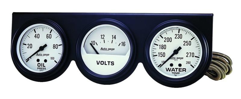 Auto meter 2328 autogage; mechanical white oil/volt/water; black console