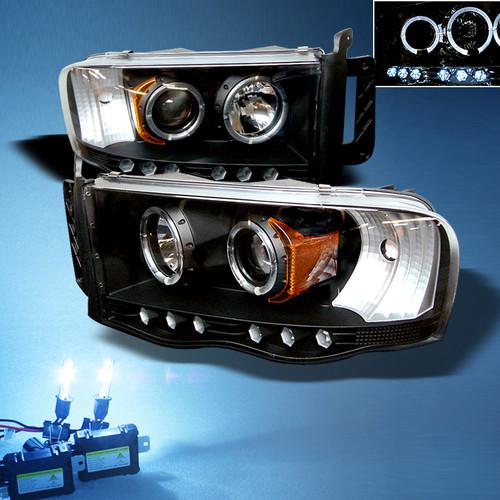 8000k slim xenon hid+ black 02-05 dodge ram dual halo projector led headlights