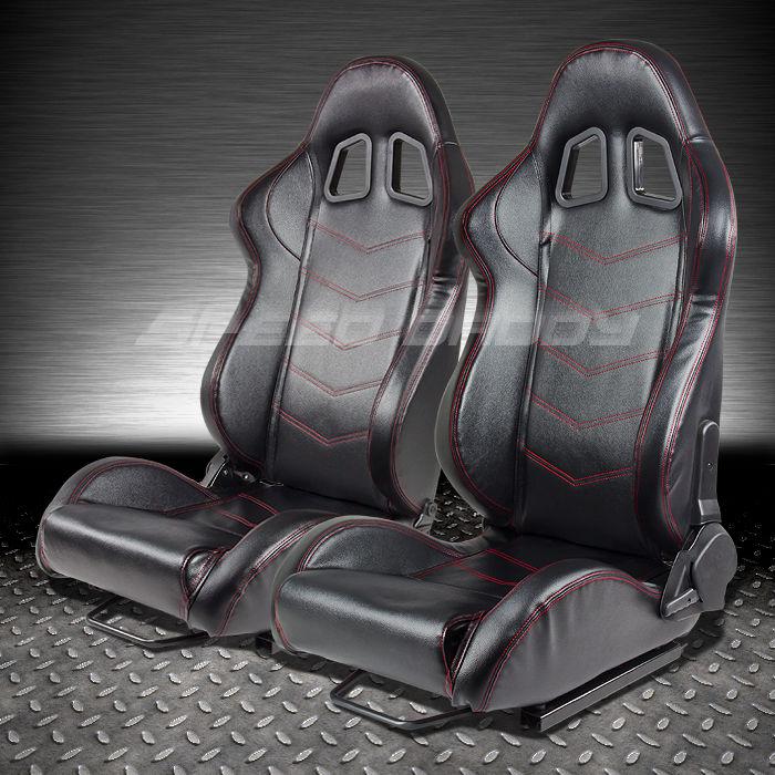 2x type-r reclinable pvc leather racing seat/seats+slider black+red arrow stitch