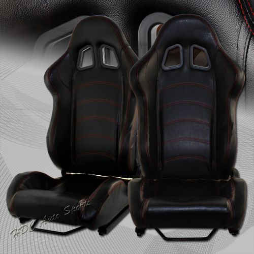 Black type-1 pvc leather red stitch reclining racing seats + sliders universal 2