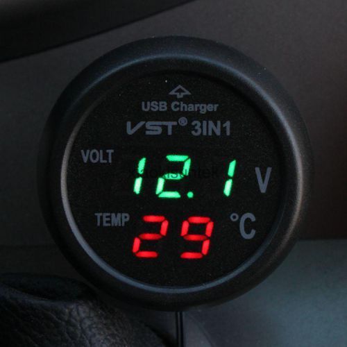 Car green led digital voltmeter,voltage gauge test, thermometer, usb charger