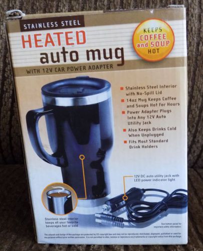 Stainless steel heated 14 oz auto coffee mug w/ 12 v car power adapter-camping