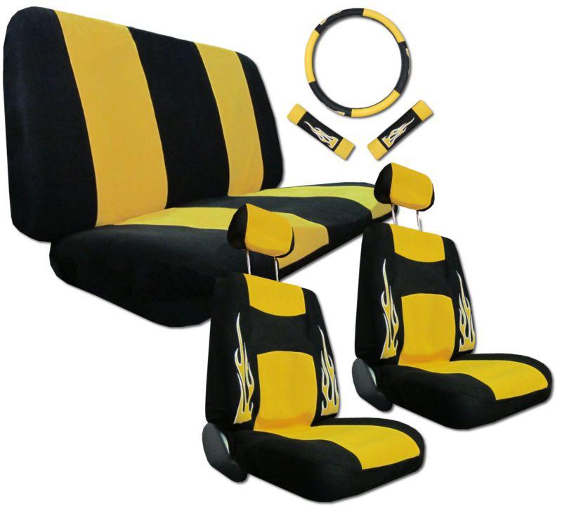 Synthetic leather yellow black flame sport racing car seat covers 9pc pkg #g