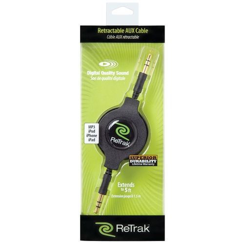 Retrak Retractable Auxiliary Cable, 5 Foot Color Black Digital Sound New, US $19.79, image 1