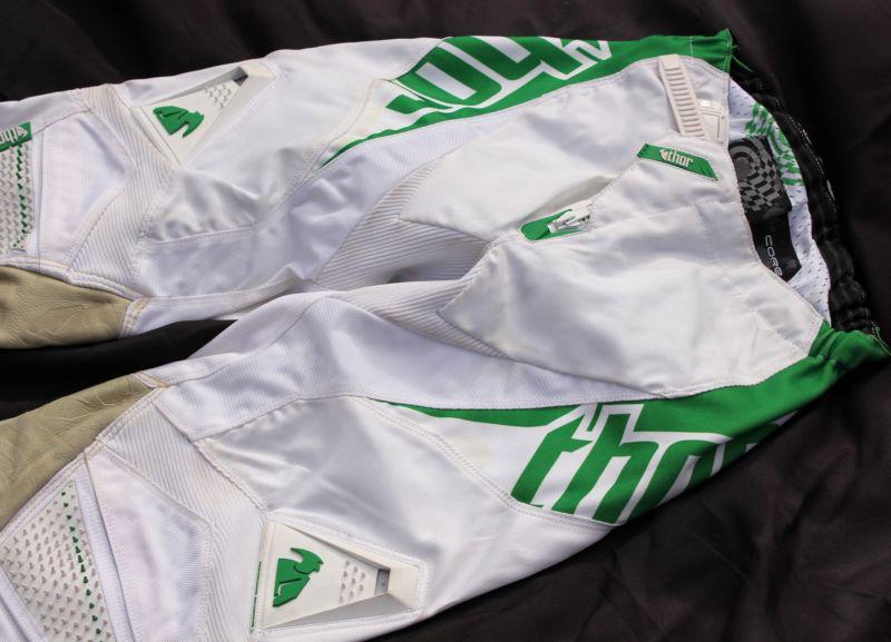 Thor core youth mens boys size 28 atv mx motocross pants white/green w leather