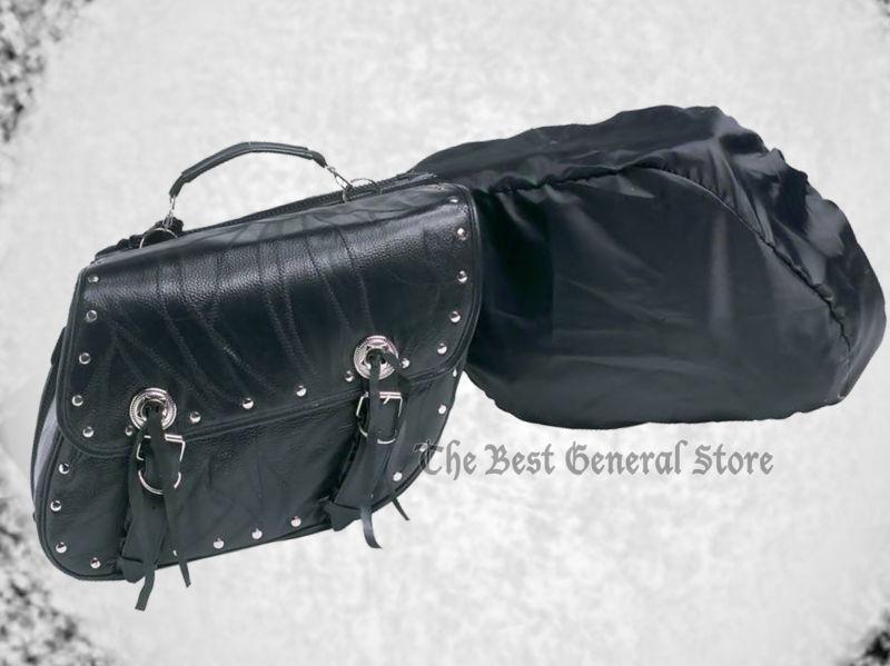 2pc black buffalo leather motorcycle saddle bag set with studs biker luggage 