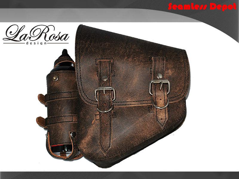La rosa harley softail rustic brown leather left saddle bag with 30oz can bottle