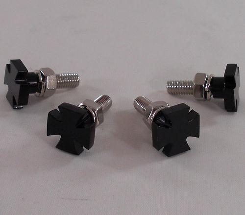 4 black billet "iron cross" license plate frame bolts - motorcycle lic screws