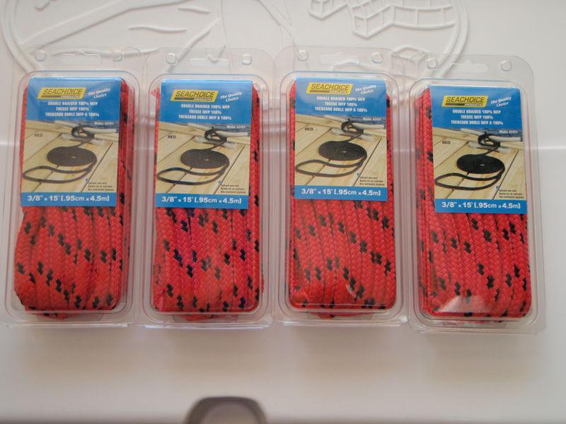 Double braid dock lines  3/8" x 15ft seachoice 42421 red with black tracer 4pac