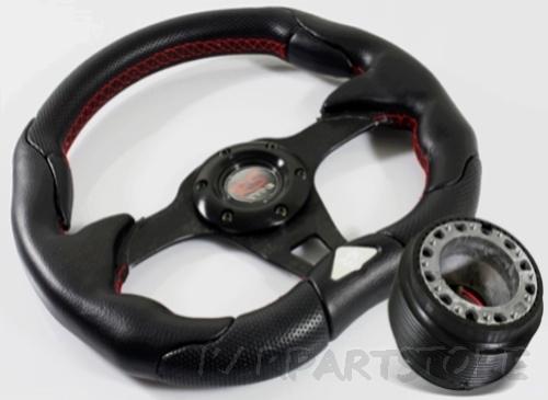 92-95 honda civic red stitched leather grip f1 racing steering wheel+hub adapter
