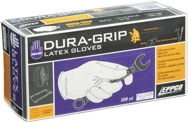 8 mil latex gloves dura grip; box of 100; size: large; powder free, heavy duty