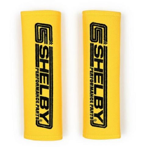 (2005-2014) ford mustang shelby logo harness / seat belt pads yellow/ black lett