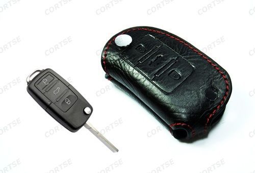 Leather smart key chain fob holder case red stitch vw jetta golf rabbit beetle s