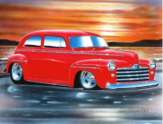 1947 48 ford tudor sedan streetrod car automotive art print red