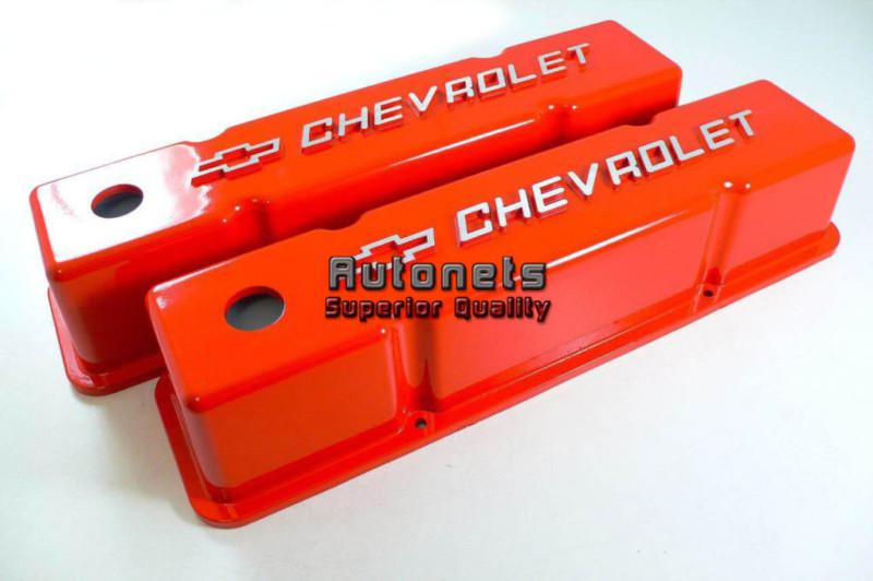 Chevy camaro 283-350 aluminum valve cover orange bowtie chevrolet logo sbc