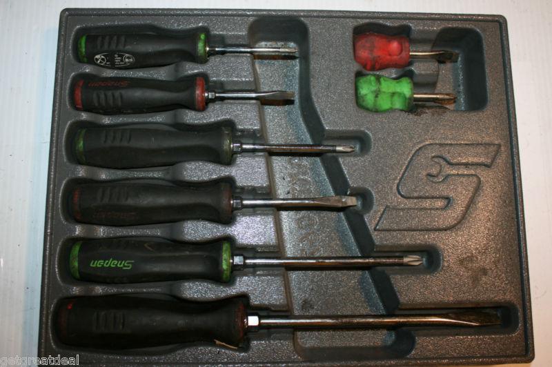 Snap-on tools soft handle grip red / green screwdriver set 8pc + tray