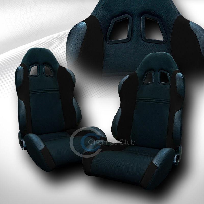 Universal jdm-ts black cloth car racing bucket seats+sliders pair for us vehicle