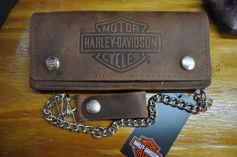 Harley-davidson brown leather wallet, 7.5" with chain, new hd,       made in usa