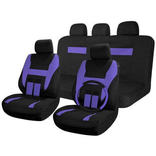 Suv van truck seat covers full set black / purple 17pc w/steering wheel cover