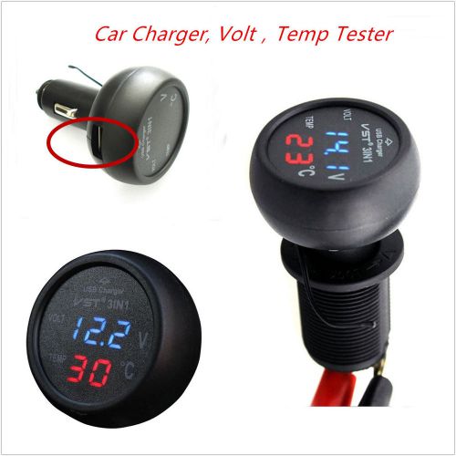 3in1 car lighter usb port charger led display volt temperature tester universal