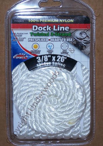 White 3-strand dock line 3/8&#039;&#039; x 20&#039; twisted premium nylon boat docking