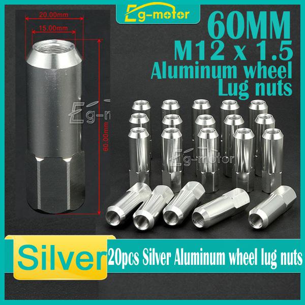 20x silver 60mm 7075 billet aluminum extended tuner lug nuts lugs wheels/rims