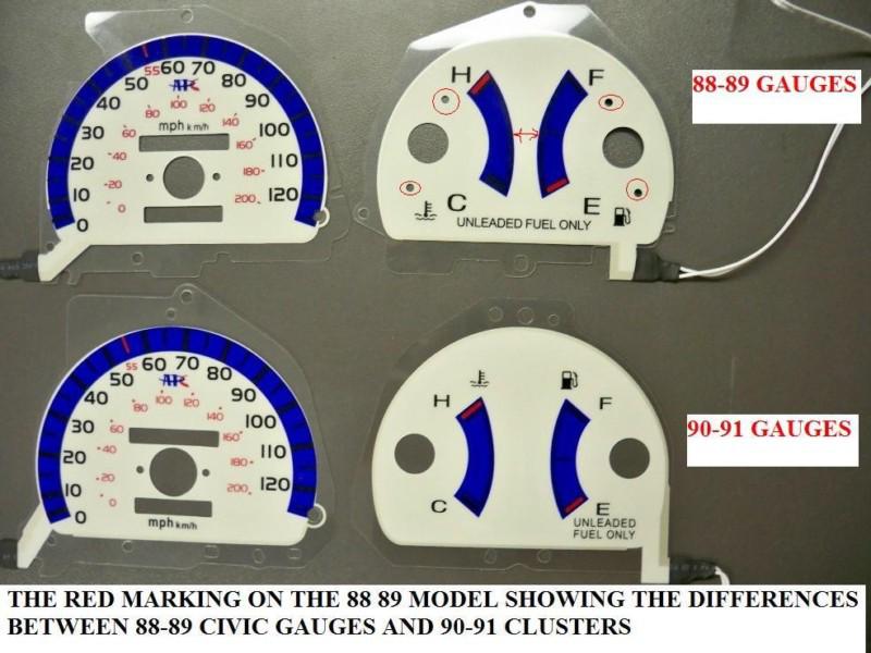90-91 no rpm honda civic white face cluster glow gauges w/no tachometer