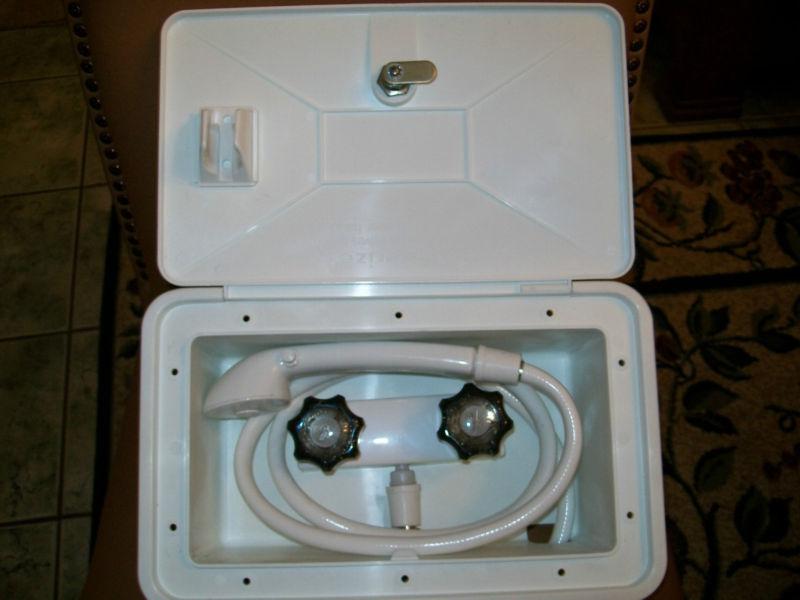 White shower box w key lock, valve & hand-held shower