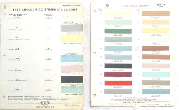 1959   lincoln  dupont and  ppg  color paint chip charts all models  