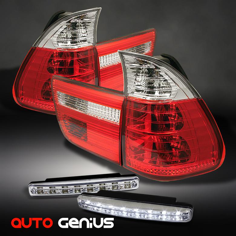 00-06 bmw e53 x5 red clear tail lights + daytime led running lights drl combo