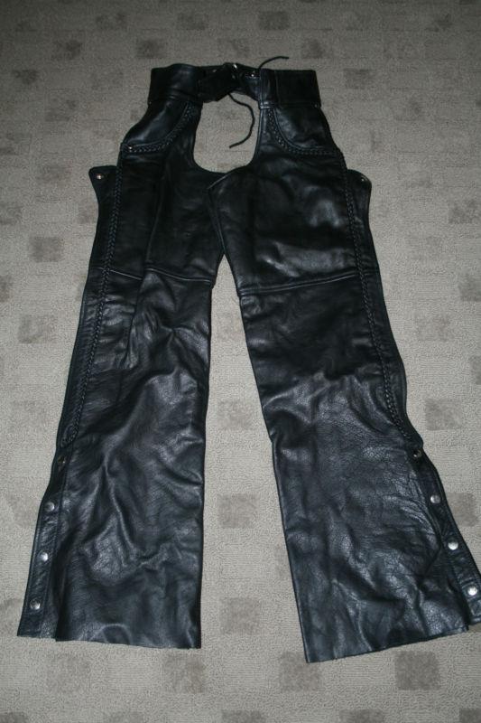 Men's black leather motorcycle chaps size small euc