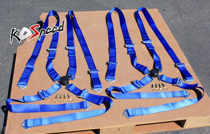 2x universal 2" strap 4 point camlock blue nylon racing seat belt harness safety