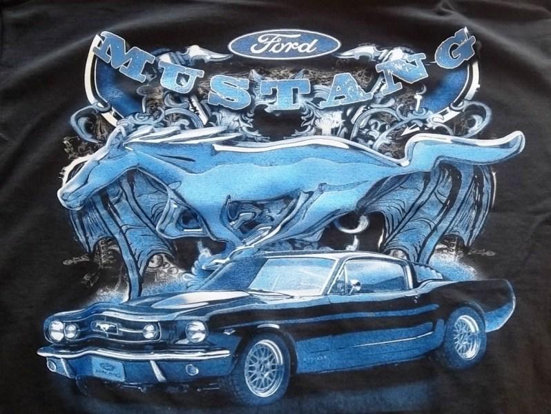 New classic 1965 or 1966 blue ford mustang pony size l xl or xxl black t shirt!