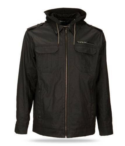 Fly racing waxed jacket w/fleece liner, removable hood - black, mens lg (large)