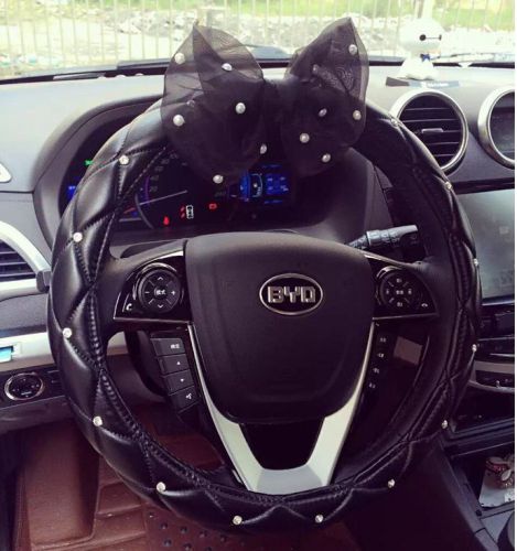 Lady sweet bowknot stitches leather vehicle car steering wheel cover black