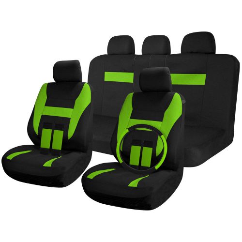 Suv van truck seat covers full set black / green 17pc w/steering wheel cover
