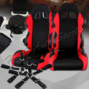 Type-7 black/red fully cloth racing seats + 5-point black seat belt universal 3