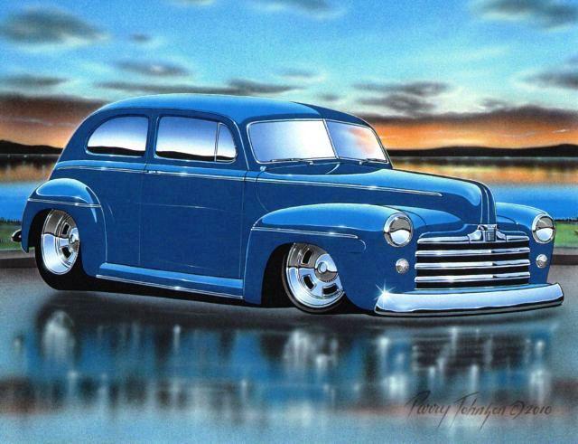 1947 48 ford tudor sedan streetrod car automotive art print blue