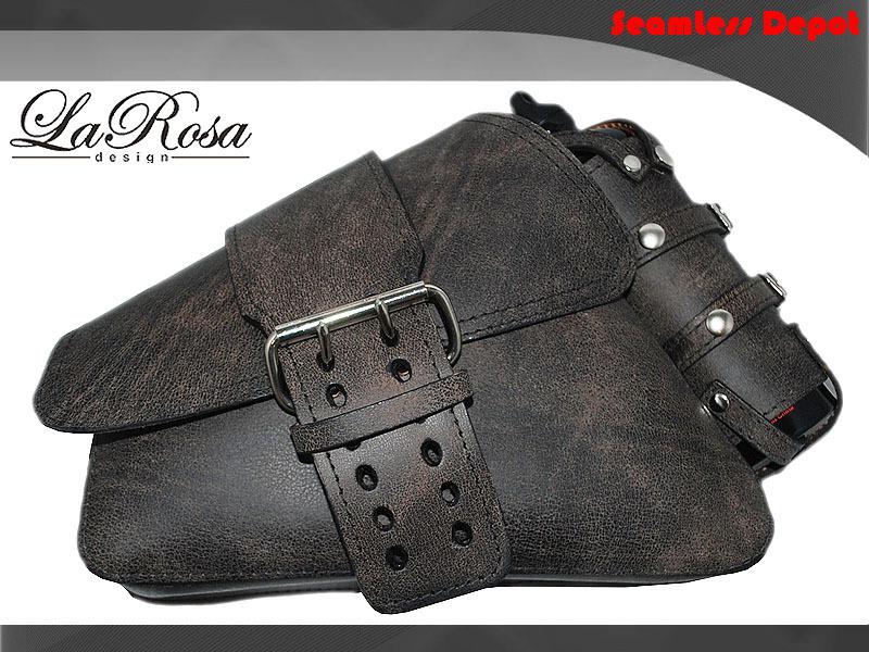 La rosa rustic black leather single strap left saddle bag with 30 oz fuel bottle